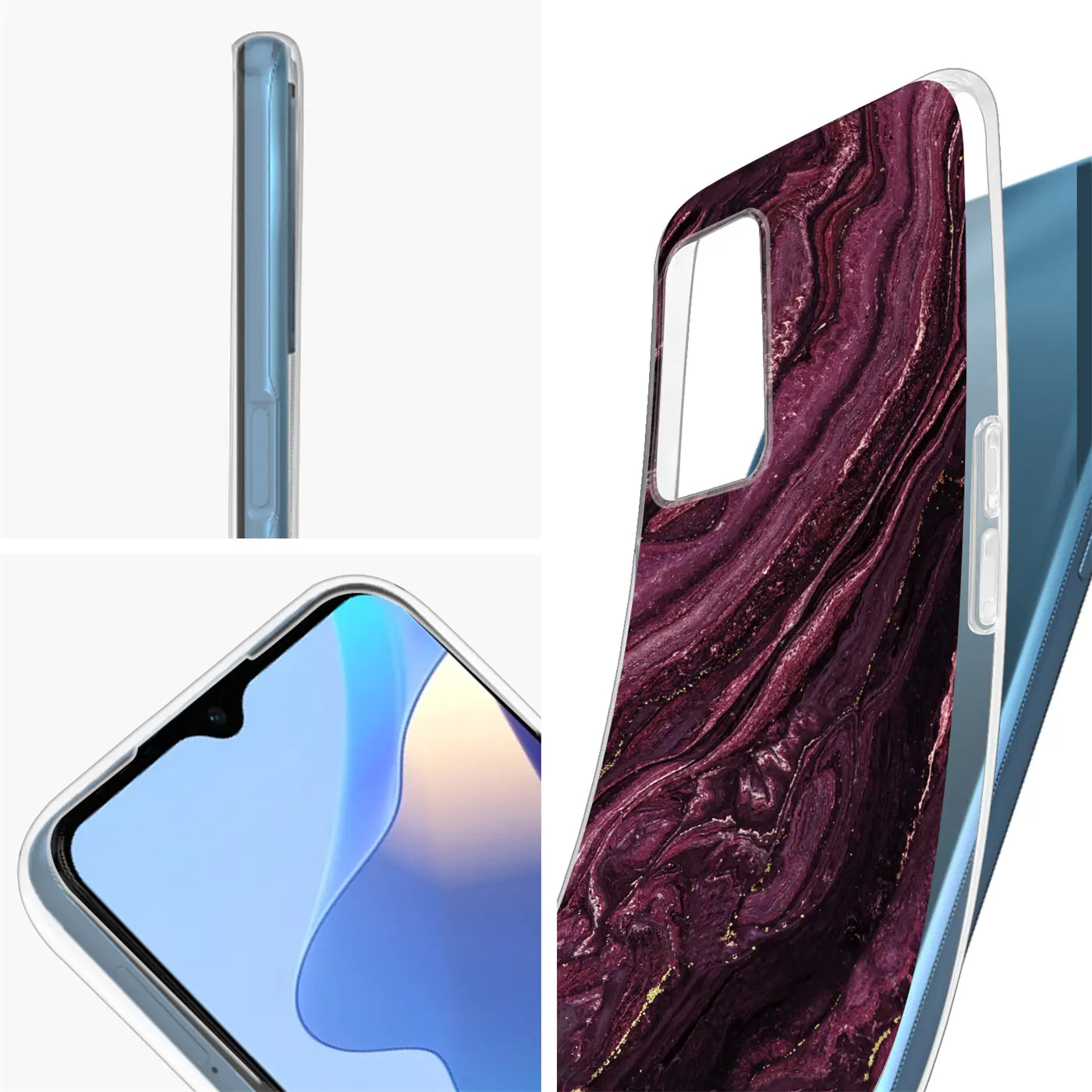 Lila Marmor-Design Hülle, transparent, OPPO A16/A16s, Seitenansicht, Frontansicht