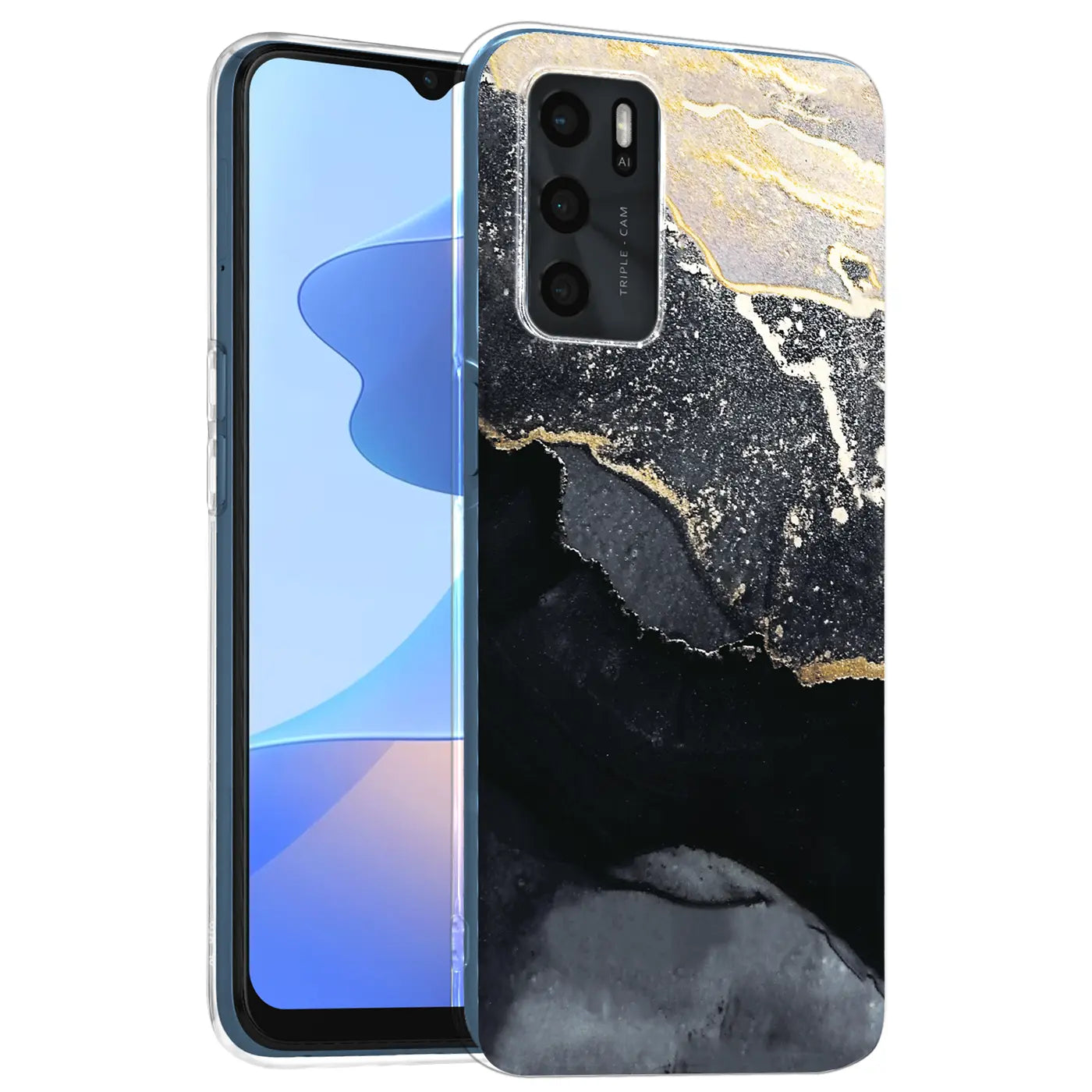 OPPO A16/A16s Hülle, Marmor-Sand-Design, schwarz/gold, Kunststoff, Vorderansicht.