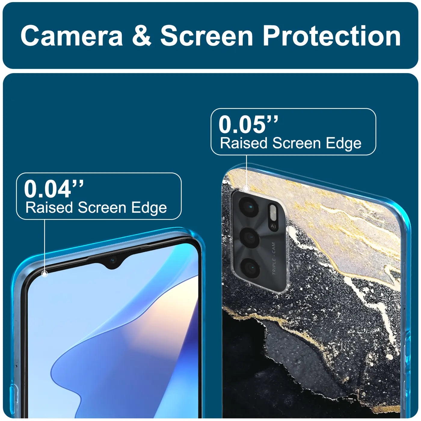 OPPO A16/A16s Hülle, Marmor-Design, Schwarz/Gold, Rückansicht, Nahaufnahme