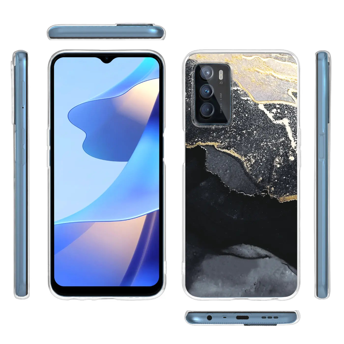 OPPO A16/A16s Hülle, Marmor-Sand-Design, transparent, Rückseite, Vorderseite, Seitenansicht