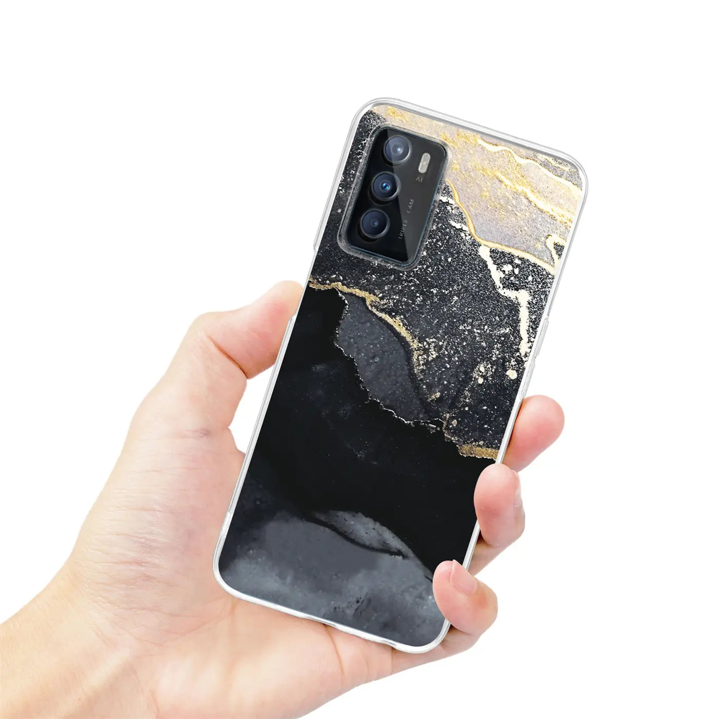 Hand hält OPPO A16/A16s Hülle, Marmor-Design, Schwarz/Gold, Rückansicht