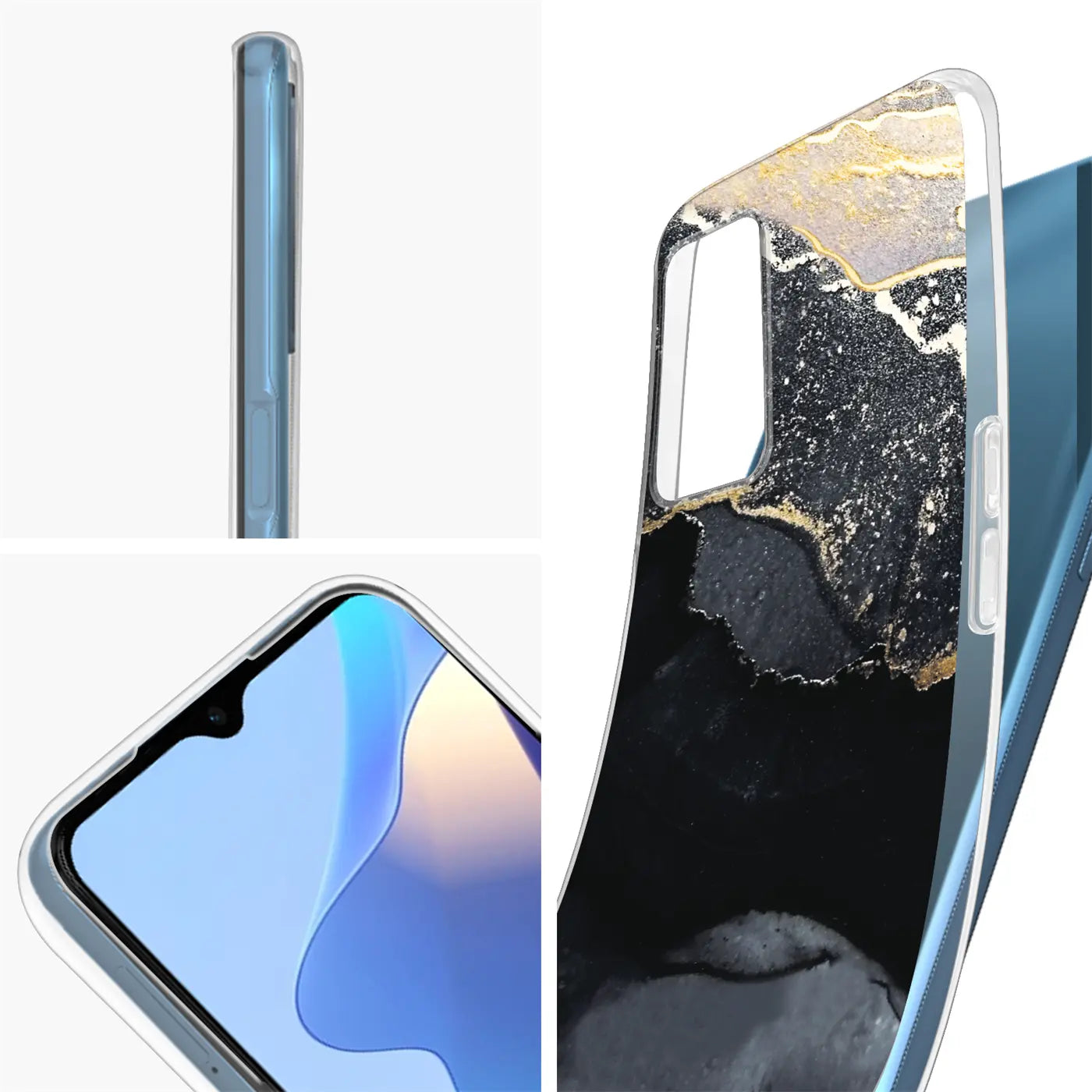 OPPO A16/A16s Hülle, Marmor/Sand-Design, transparentes TPU, Seitenansicht, Vorderansicht.