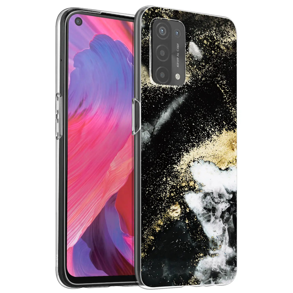 Schwarze Marmor-Hülle mit goldenen Akzenten, Vorderansicht auf Oppo A54/A74 5G.