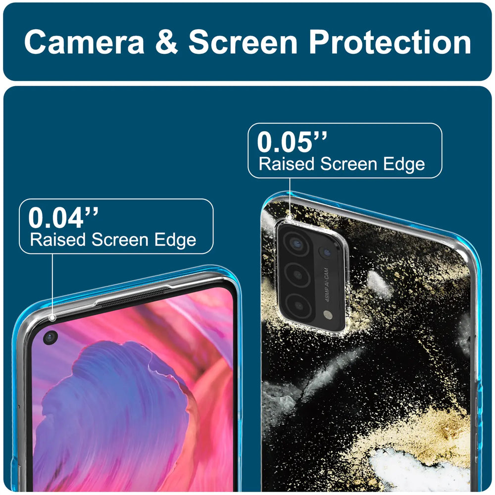 Schwarze Marmor-Sand-Hülle für Oppo A54/A74 5G, Rückansicht, Nahaufnahme.