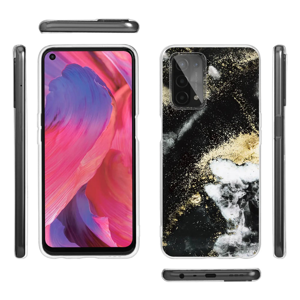 Oppo A54/A74 5G Hülle, Marmor & Sand Design, schwarz/gold/weiß, Kunststoff, Vorder- und Rückansicht