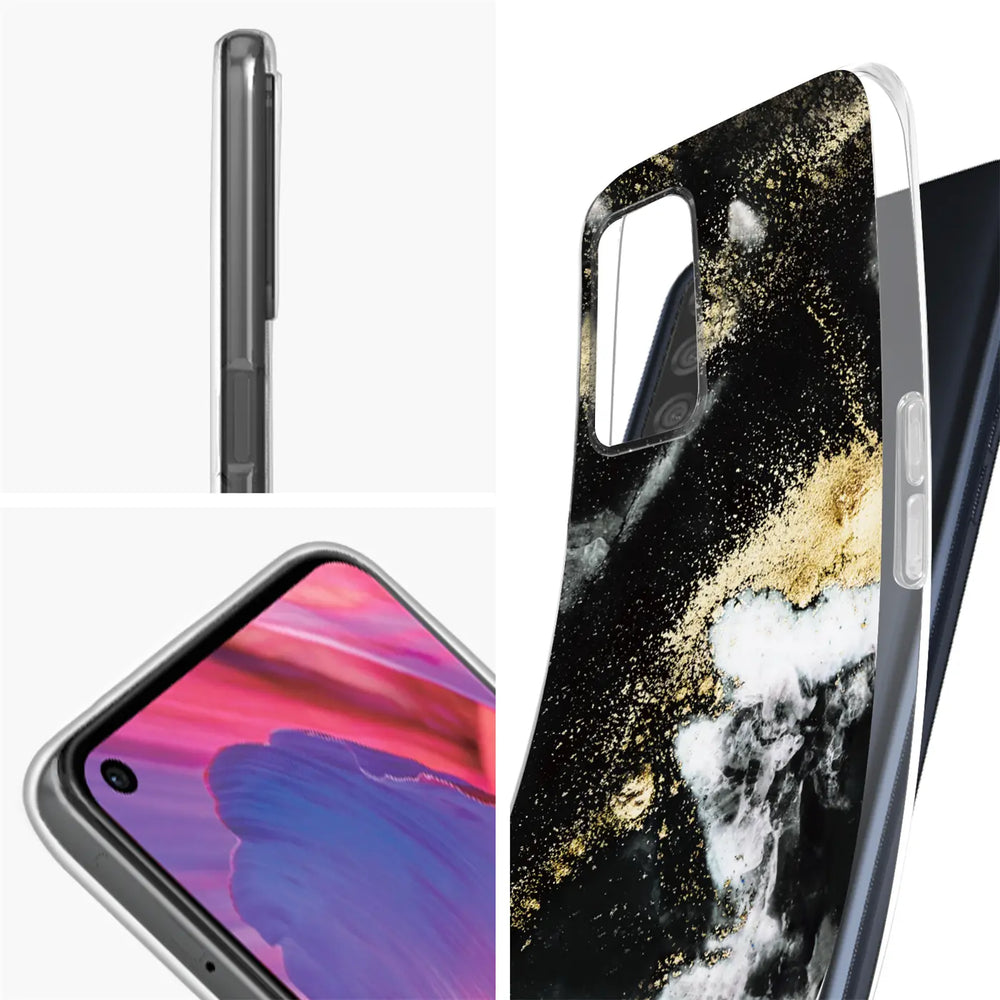 Schwarze Marmor-Hülle mit goldenen Sprenkeln auf Oppo A54/A74 5G, Seitenansicht.