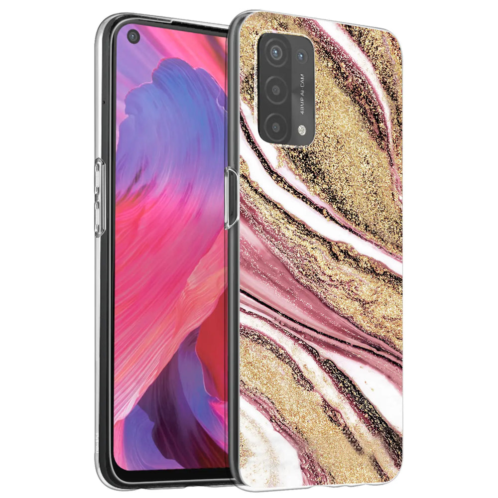 Oppo A54/A74 5G Hülle mit Marmor- & Sanddesign, rosa/gold, von vorne links