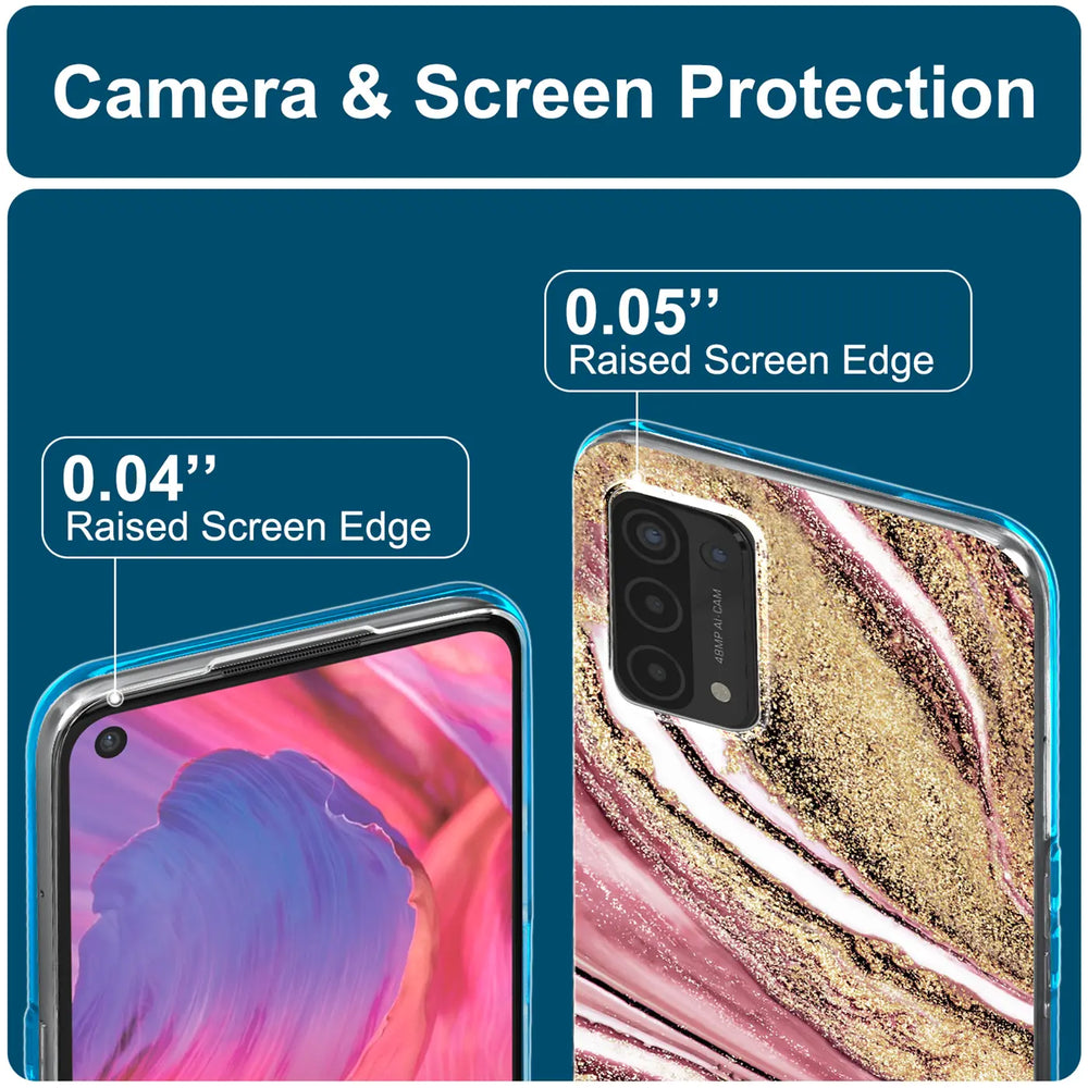 Oppo A54/A74 5G Hülle mit Marmor-Design, von oben und Seite, transparentes Material.