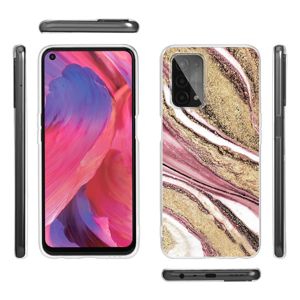 Oppo A54/A74 5G Hülle in Marmor- & Sand-Design, rosa/gold, verschiedene Ansichten
