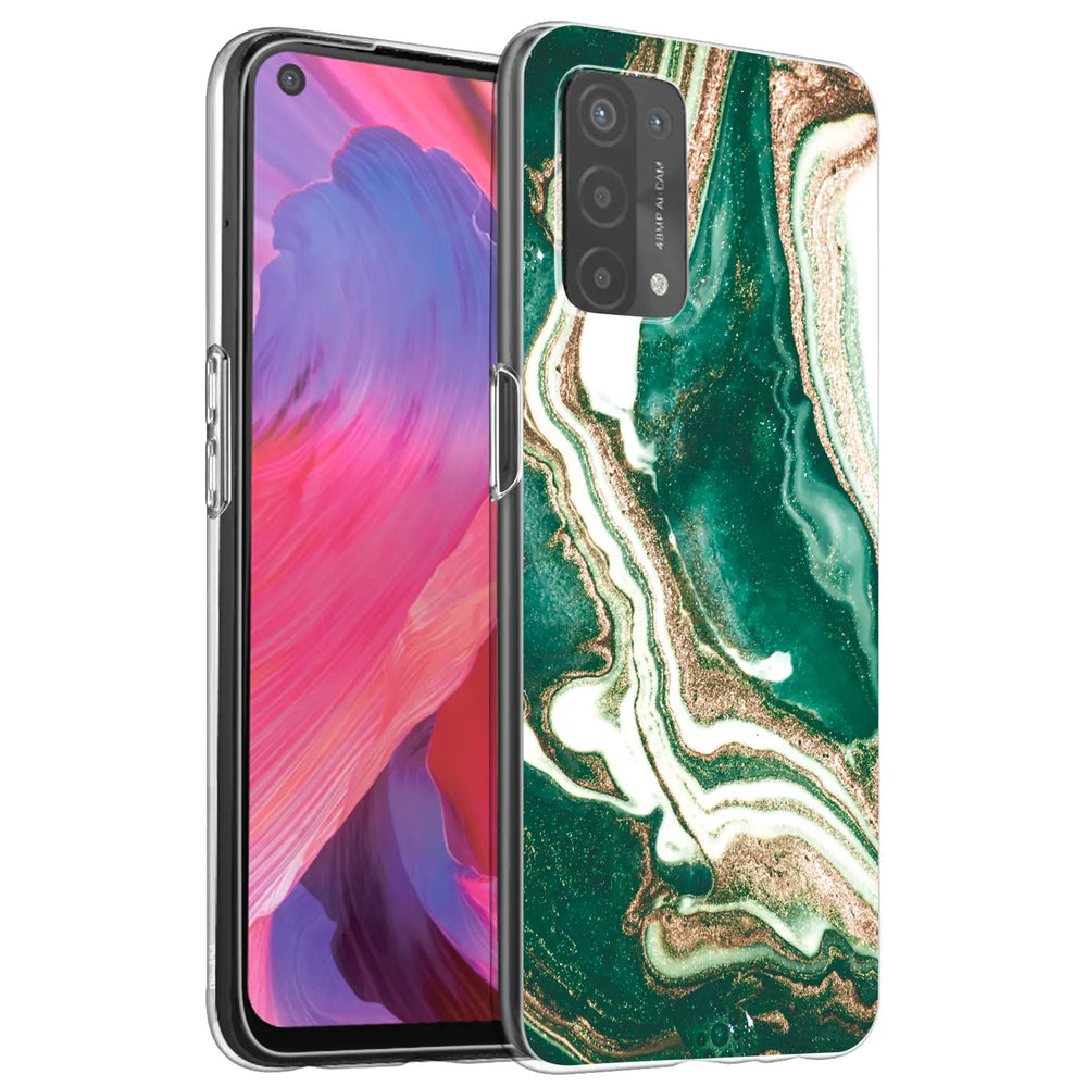 Oppo A54/A74 5G Hülle, Marmor-Design, grün/gold/weiß, von schräg vorne