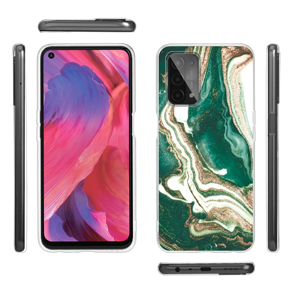 Oppo A54/A74 5G Hülle, Marmor-Design, Grün/Gold, Rückansicht, Kunststoff