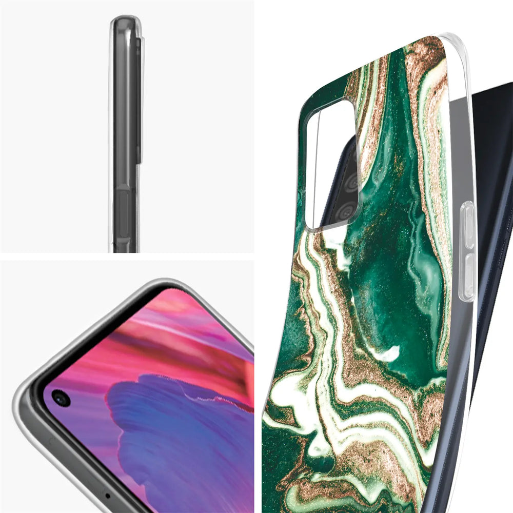 Grüne Marmor-Hülle mit Goldakzenten, von schräg oben, für Oppo A54/A74 5G.