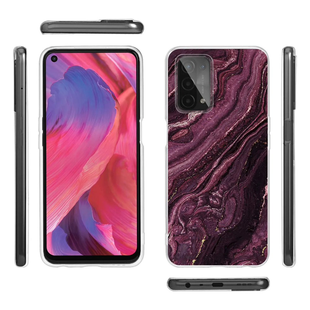 Oppo A54/A74 5G Hülle, lila Marmor-Design, Vorder- und Rückansicht