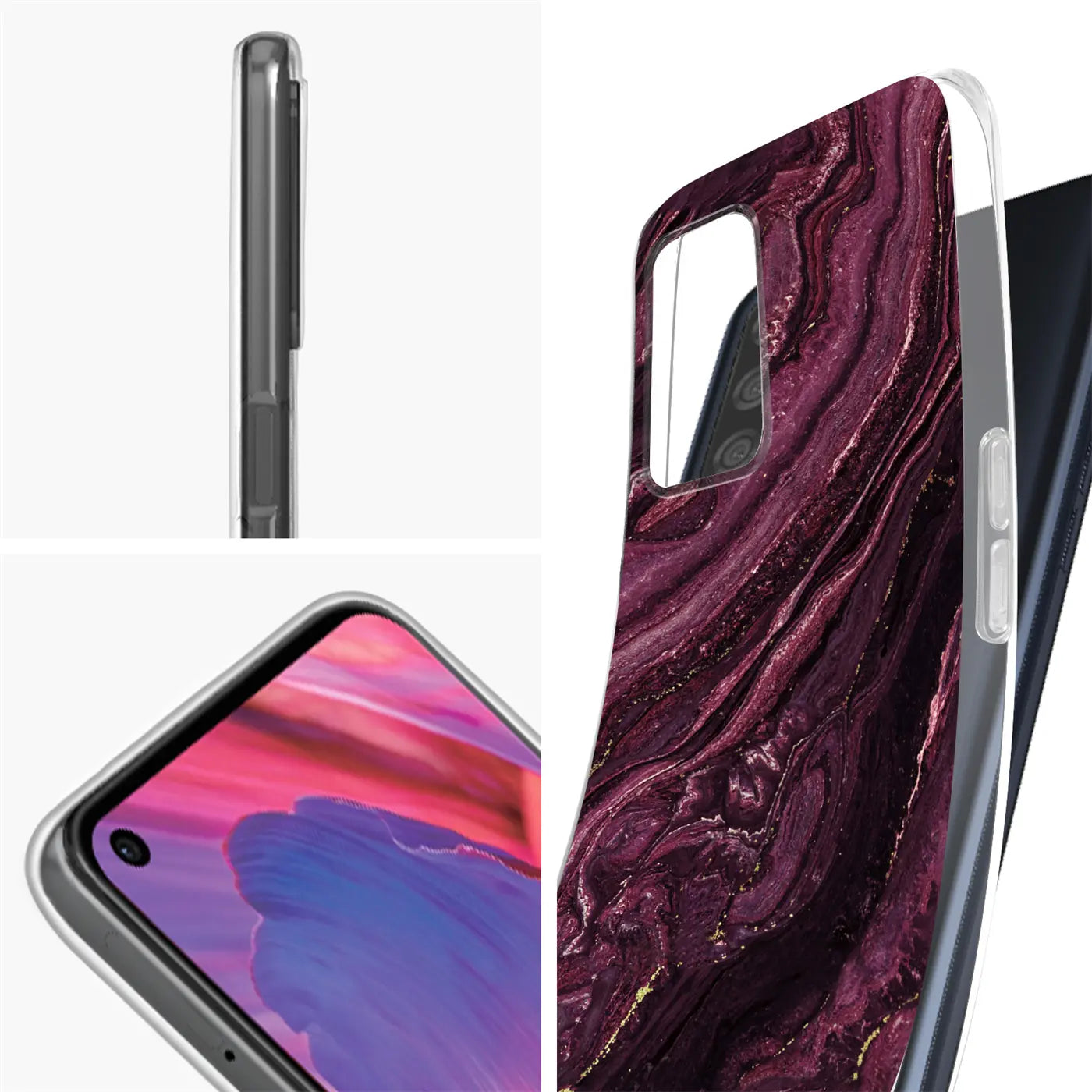 Lila Marmor-Design Hülle, transparent, für Oppo A54/A74 5G, Seiten-/Frontansicht