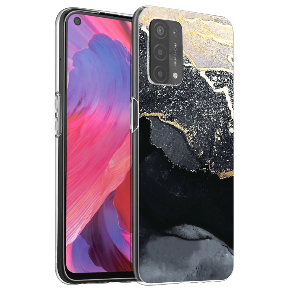 Oppo A54/A74 5G Hülle, Marmor-Design, Schwarz/Gold, von vorne links
