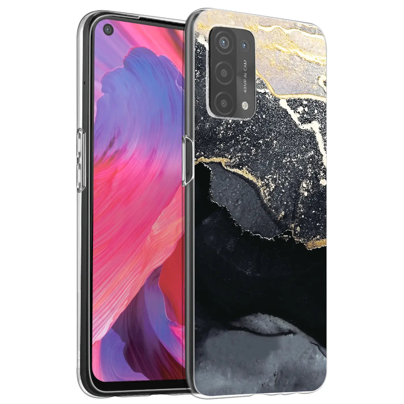 Oppo A54/A74 5G Hülle, Marmor-Design, Schwarz/Gold, von vorne links