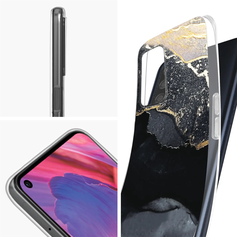 Schwarze Marmor-Hülle mit Goldakzenten, Seitenansicht und Nahaufnahme des Oppo A54/A74 5G.