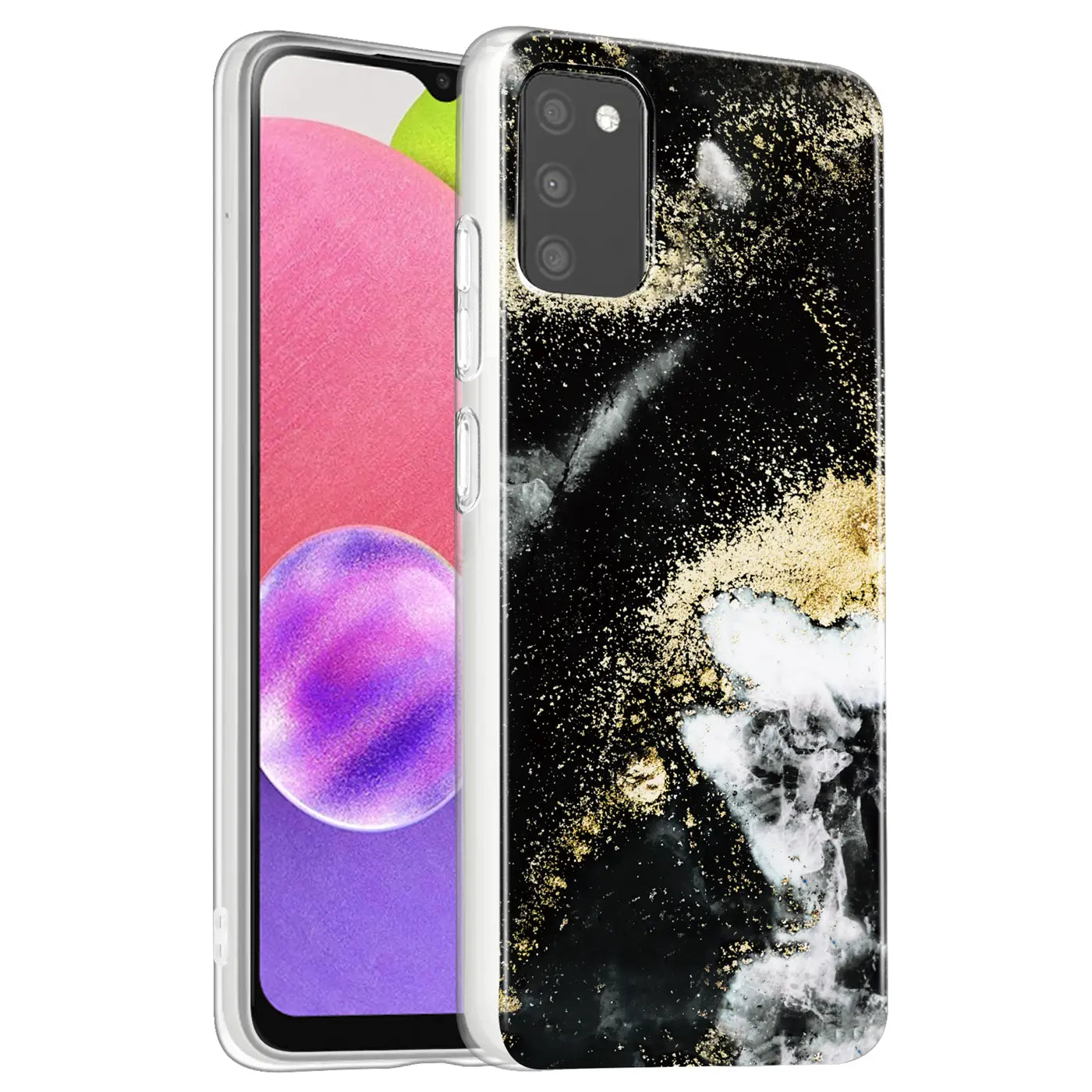 Samsung A03s Hülle, schwarz/gold Marmor-Design, Kunststoff, Seitenansicht