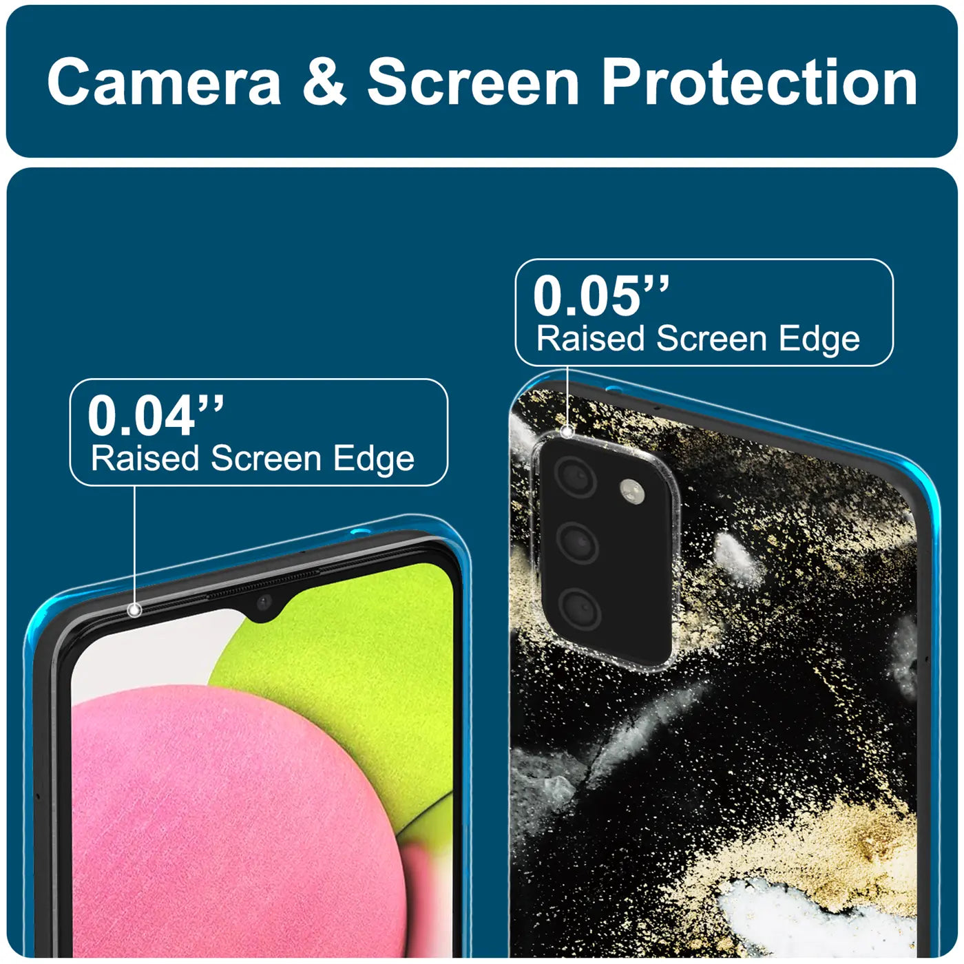 Samsung Galaxy A03s Hülle, Marmor-Design, Nahaufnahme Rückseite und Vorderseite, blaue Kanten
