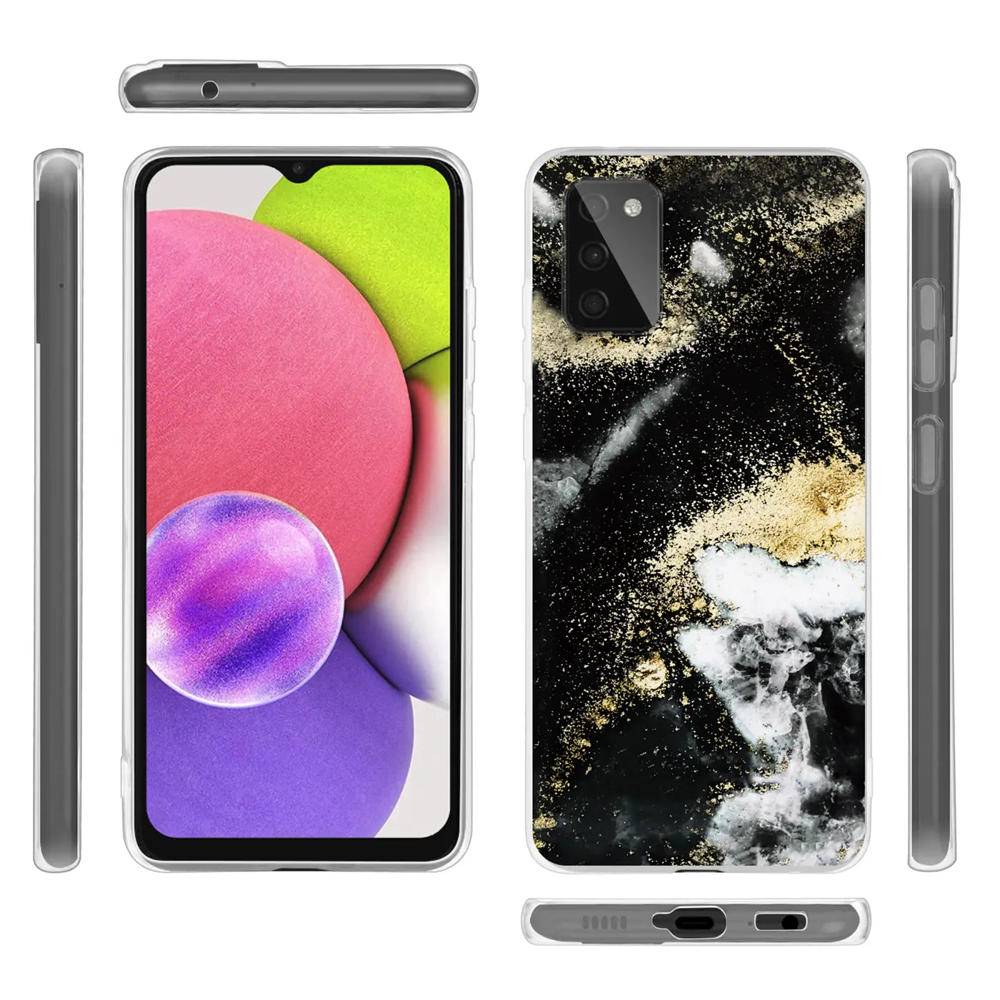 Samsung Galaxy A03s Hülle, Marmor- & Sanddesign, Schwarz/Gold/Weiß, Kunststoff, Vorder- & Rückansicht