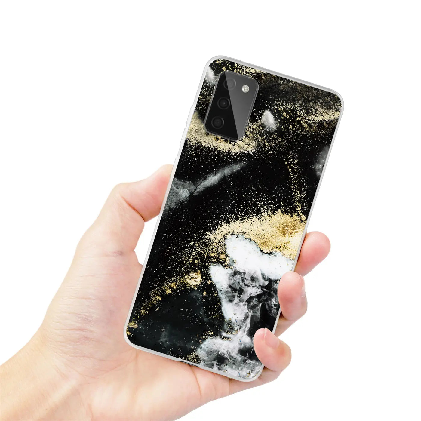 Samsung Galaxy A03s Hülle, Marmor-Muster, Schwarz/Gold, von vorne gehalten