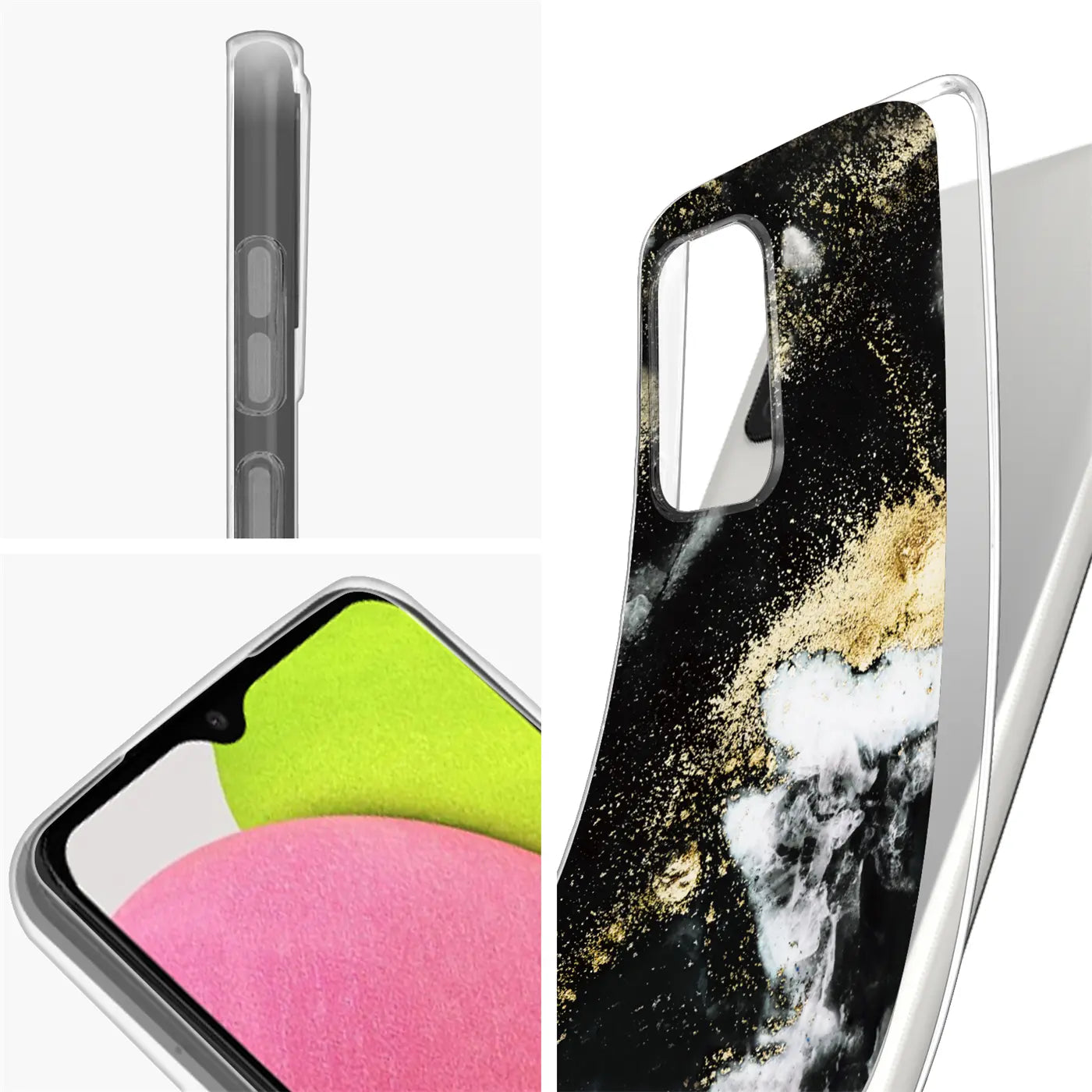 Samsung Galaxy A03s Hülle, Marmor/Sand-Design, Schwarz/Gold, klare Perspektive