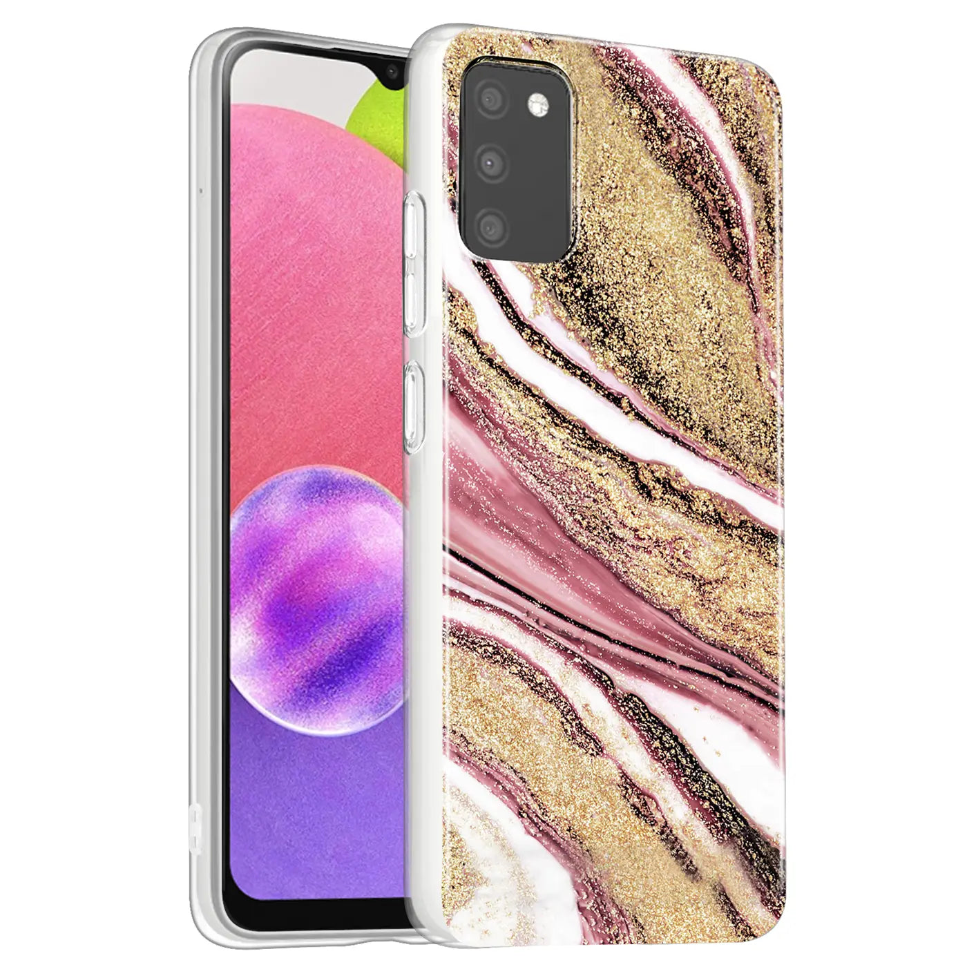 Samsung A03s Hülle mit Marmor-Muster in Rosa/Gold, von vorne, Kunststoff