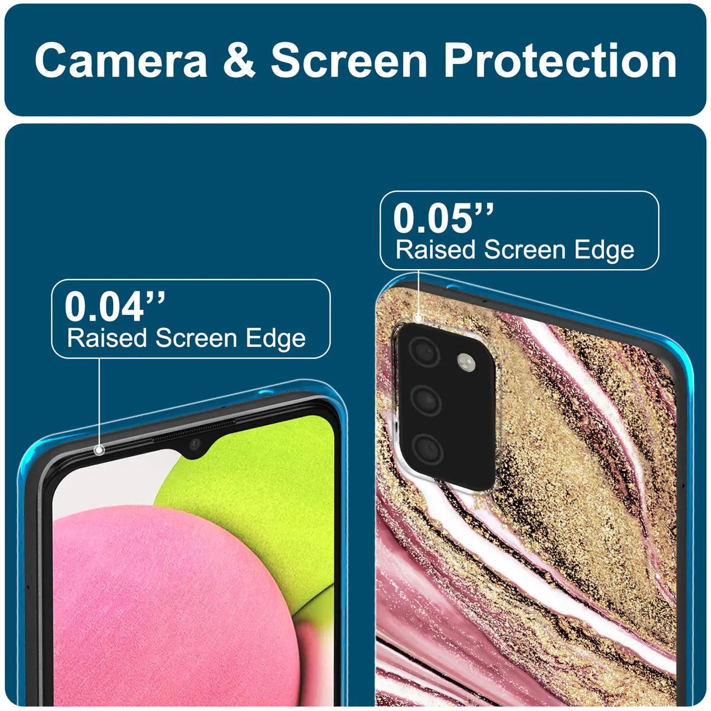 Samsung A03s Hülle, Marmor-Design, Nahaufnahme, Rückseite und Vorderseite, Kamera- und Bildschirmschutz