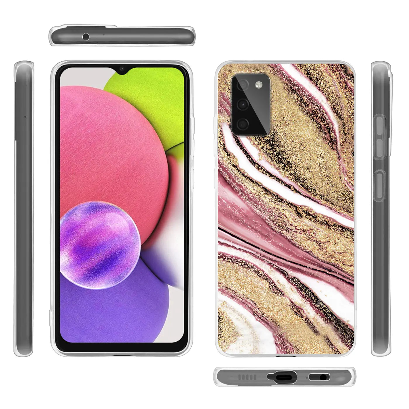 Samsung Galaxy A03s Hülle, Marmor- & Sand-Design, Rosa/Gold, von vorne und hinten