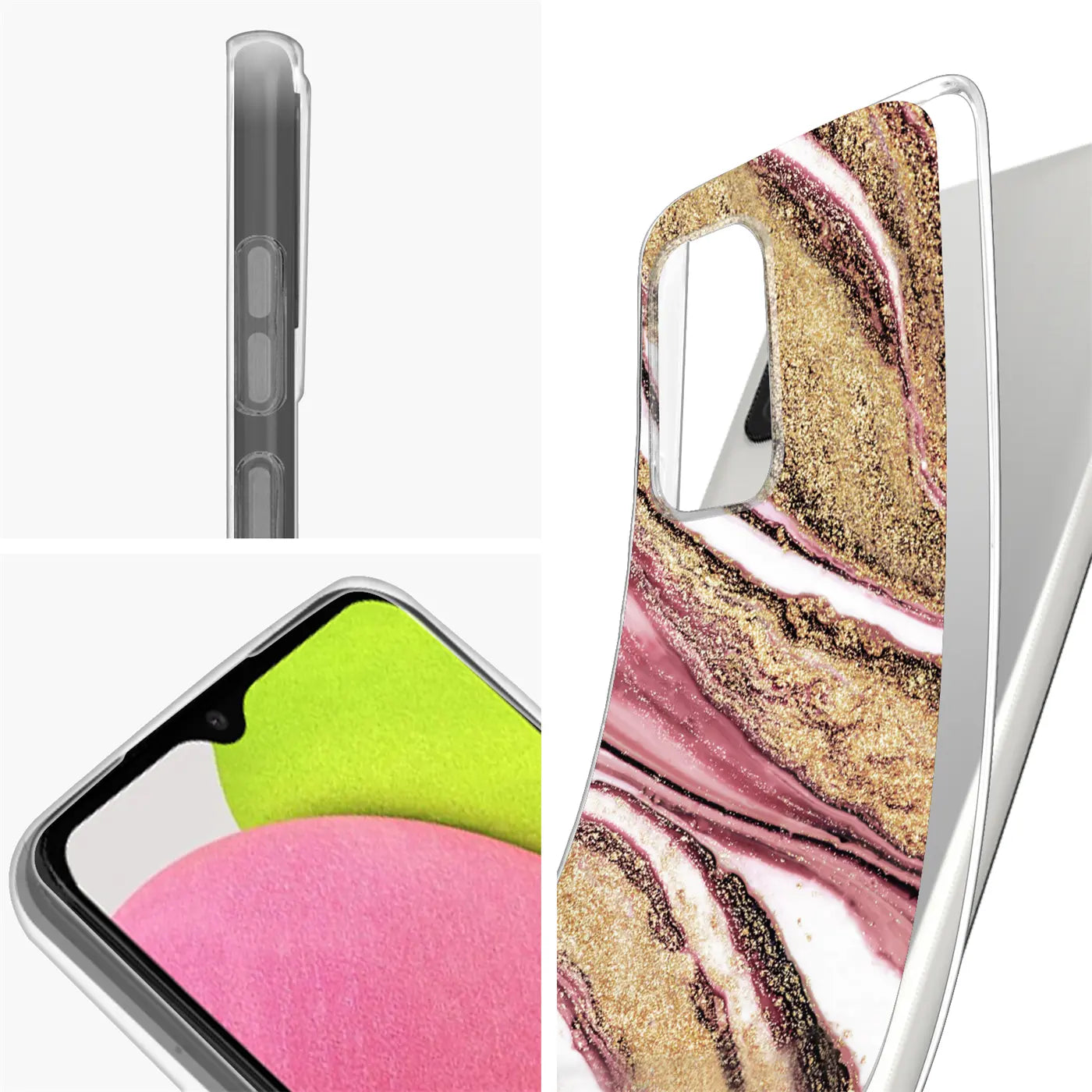 Samsung Galaxy A03s Hülle, Marmor-Muster, rosa/gold, von der Seite und vorne