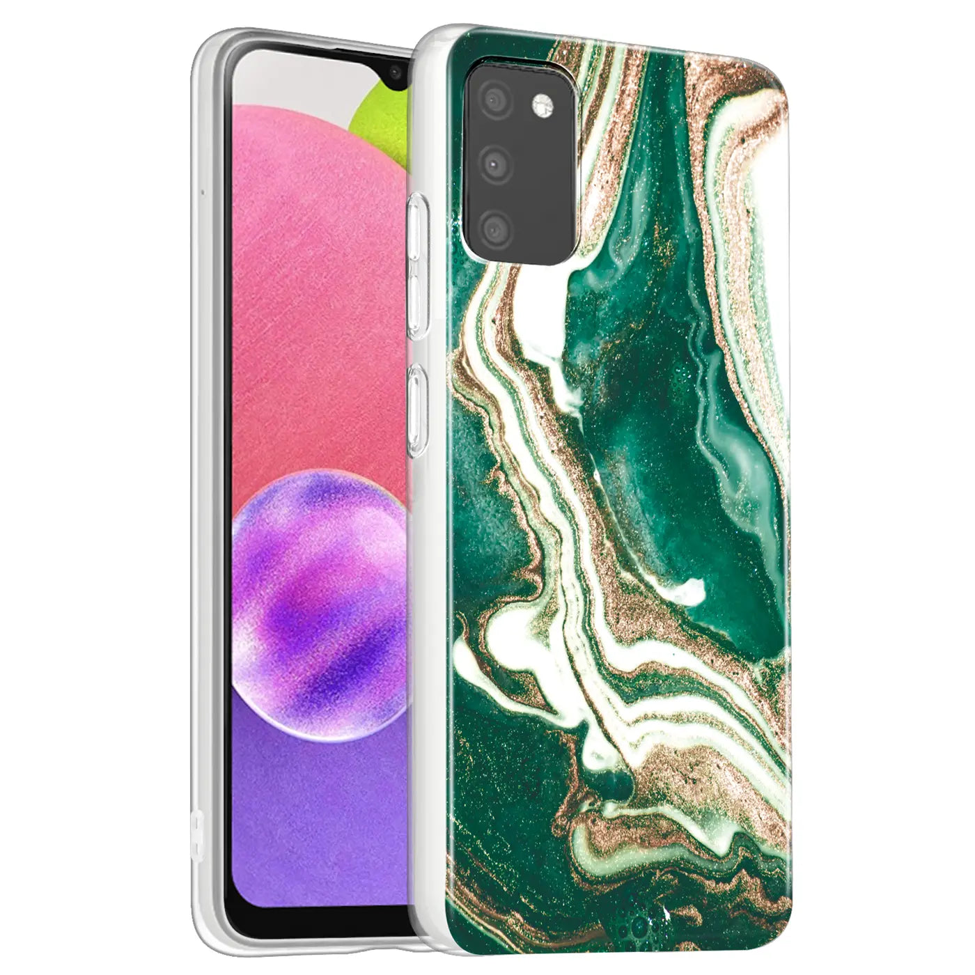 Samsung Galaxy A03s Hülle, Marmor-Design, grün/gold, von vorne schräg