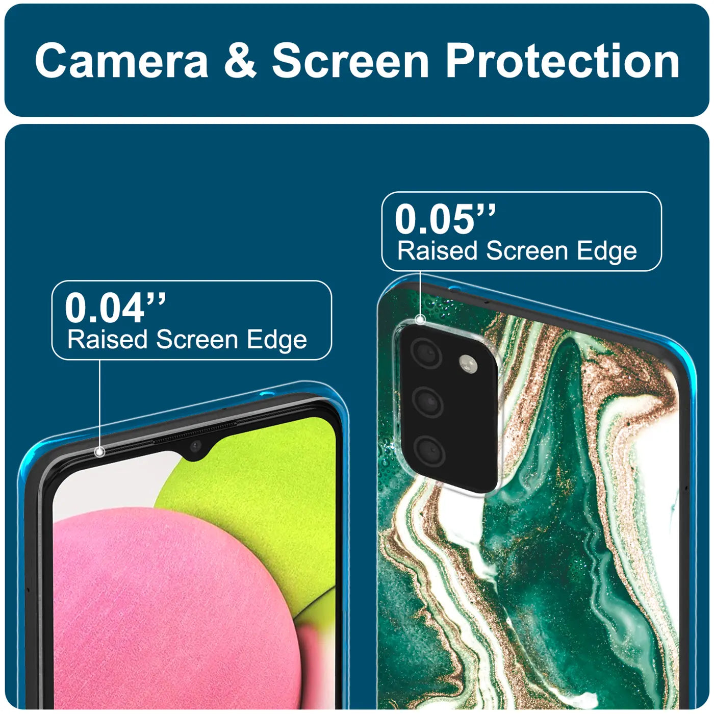 Samsung Galaxy A03s Hülle mit Marmor-Design, Nahaufnahme, Rückseite und Vorderseite