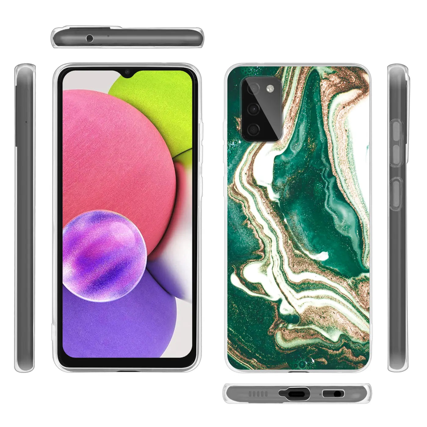 Samsung Galaxy A03s Hülle, Marmor-Design, grün/gold, transparente Rückseite