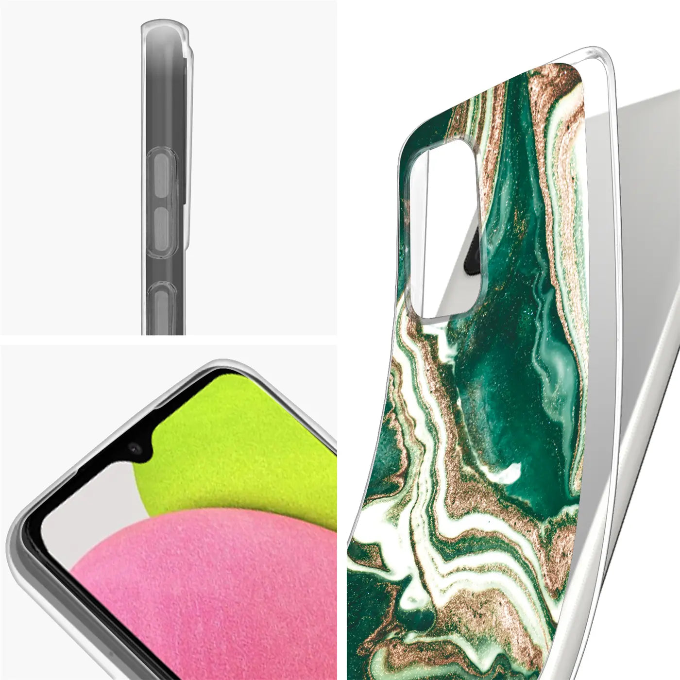 Samsung A03s Hülle, grün/gold Marmor, transparent, Rückansicht