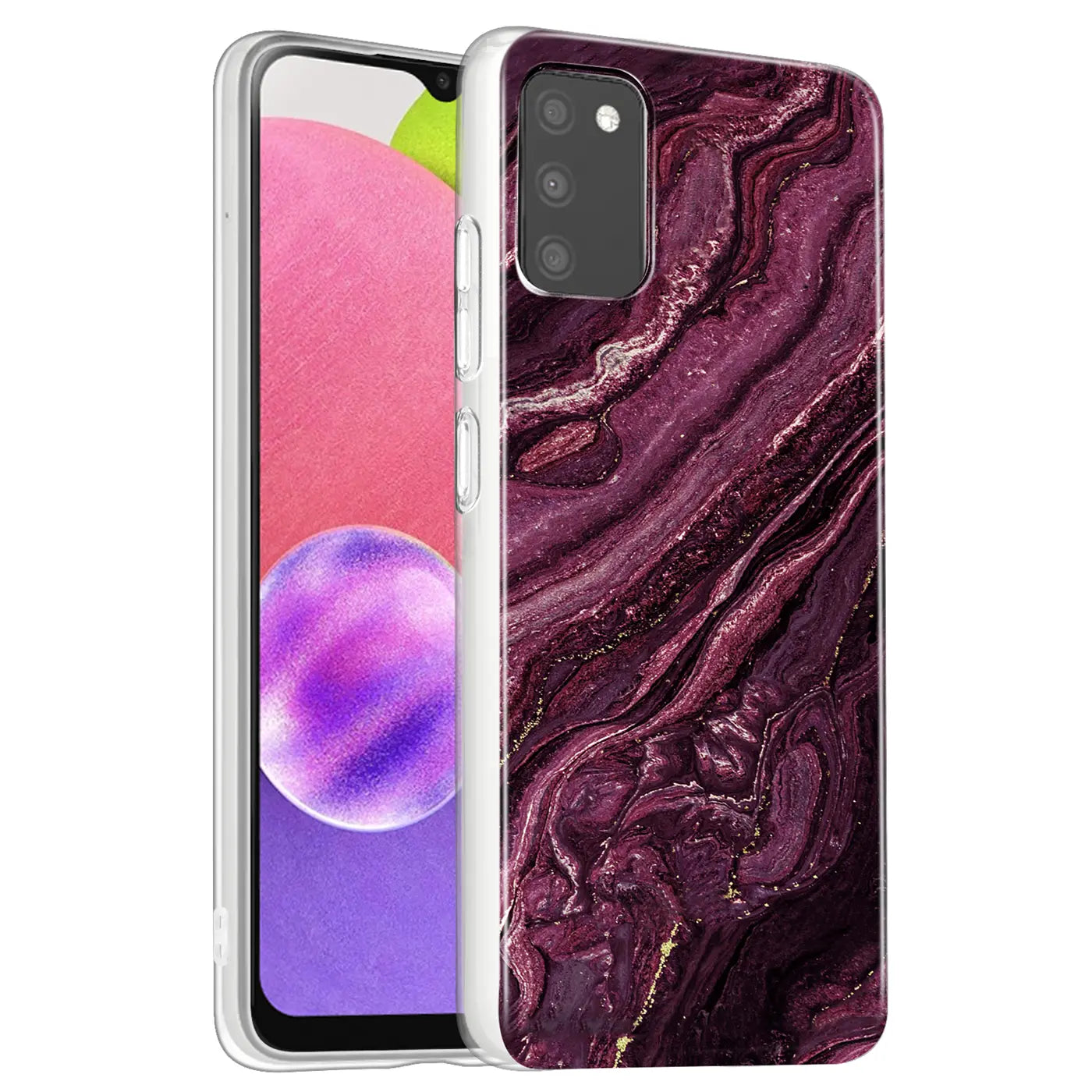 Samsung Galaxy A03s Hülle, lila Marmor-Design, von vorne schräg