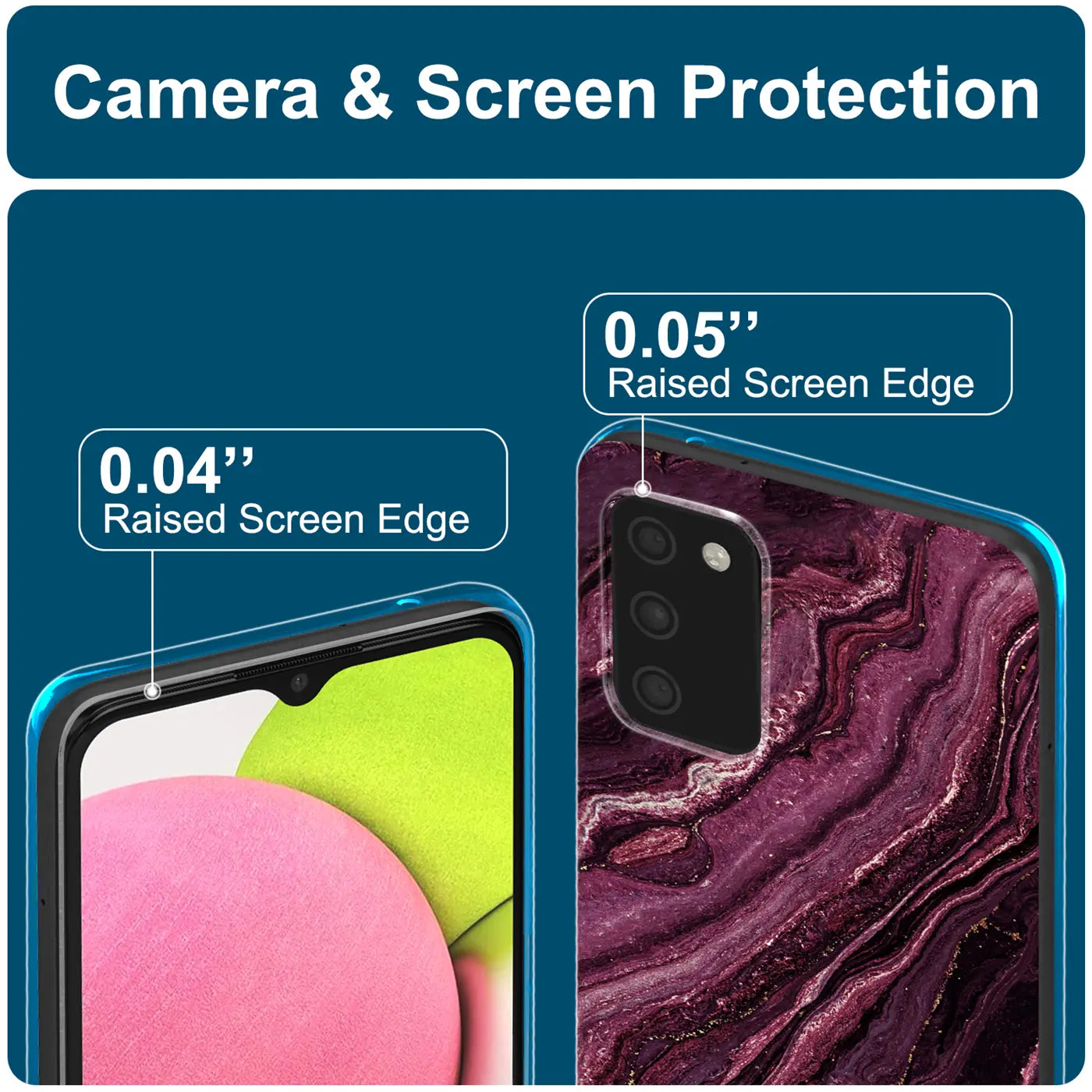Samsung A03s Hülle, Marmor-Design, Nahaufnahme der Rückseite und Vorderseite, blaue Kante