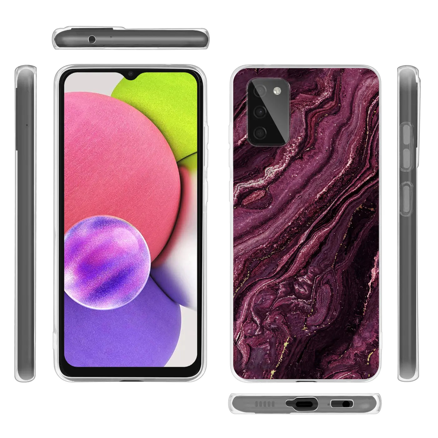 Samsung Galaxy A03s Hülle mit Marmor-Muster in Lila und Gold, Vorder- und Rückansicht
