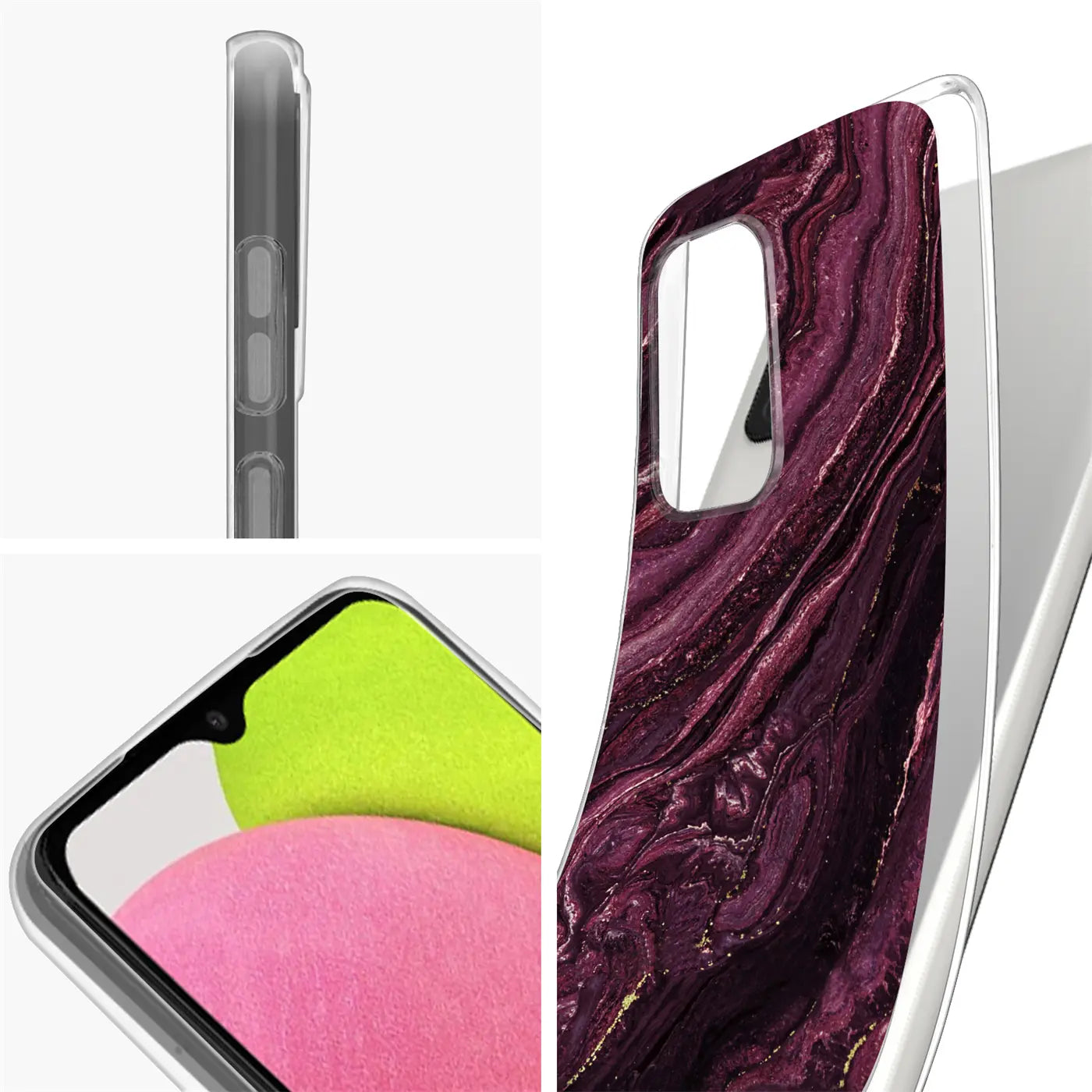 Samsung A03s Hülle, lila Marmor-Design, klare Seiten, Vorder- und Seitenansicht