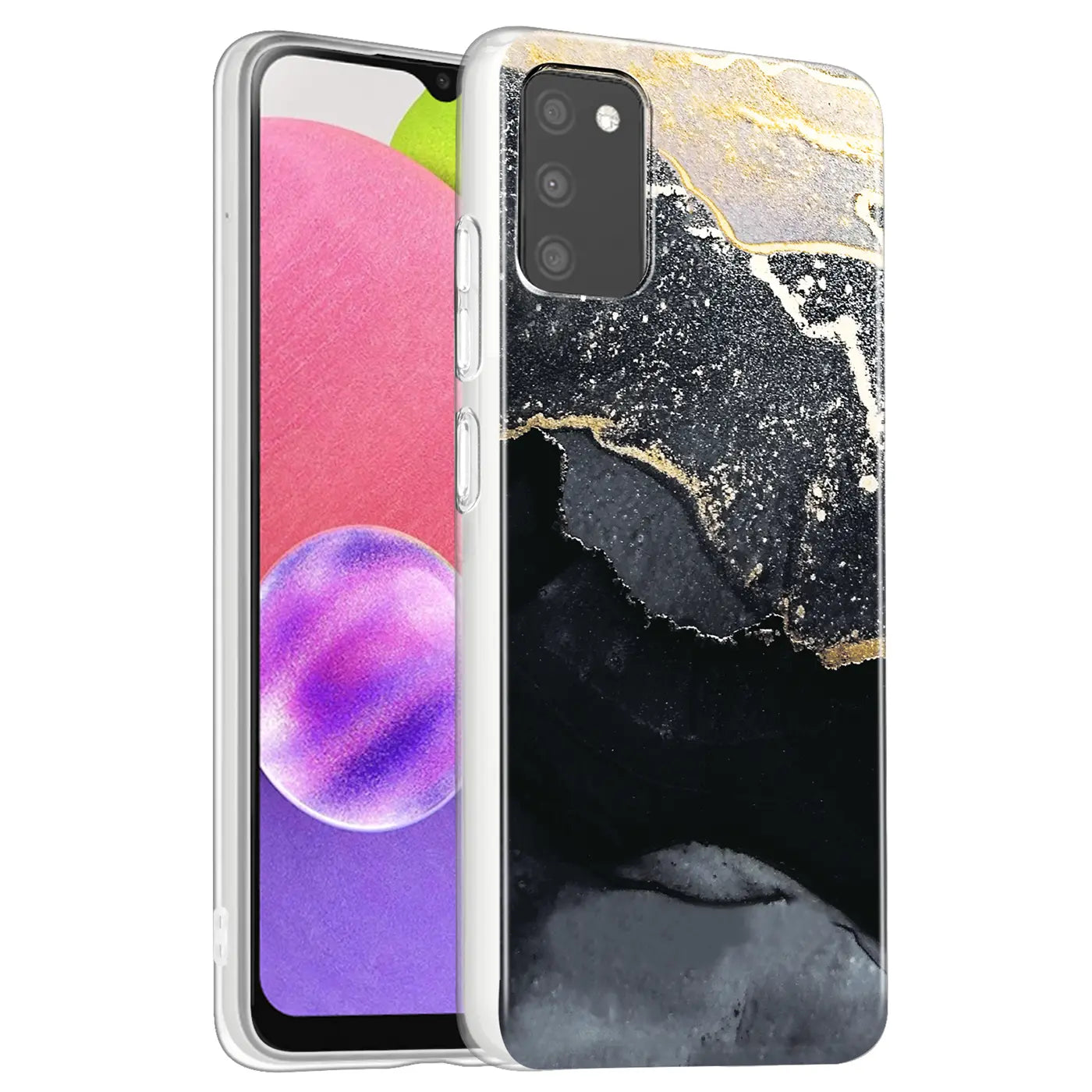 Samsung Galaxy A03s Hülle, Marmor-Design, schwarz/gold, Kunststoff, von vorne schräg