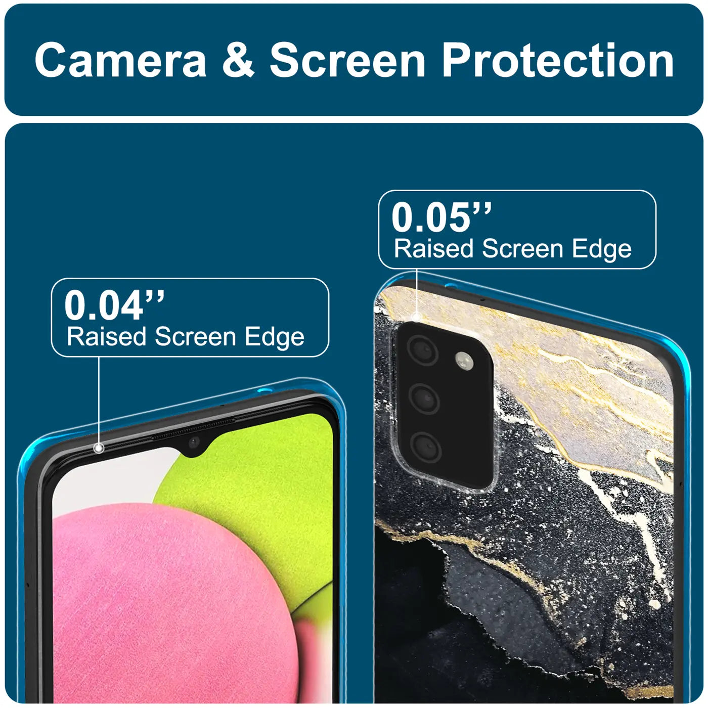 Samsung A03s Hülle, Marmor-Design, Nahaufnahme, Rückseite und Vorderseite, klare Kanten