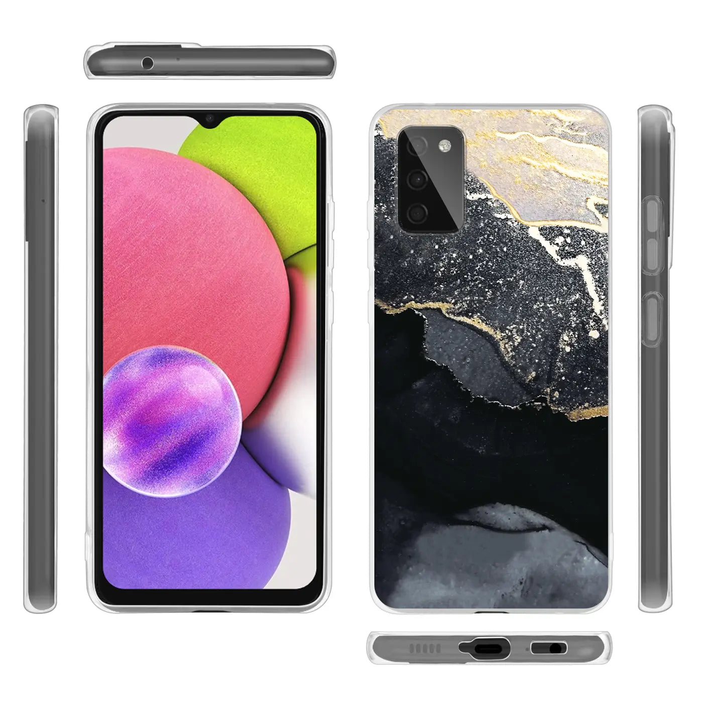 Samsung Galaxy A03s Hülle, Marmor-Design, transparent, Vorder- und Rückansicht
