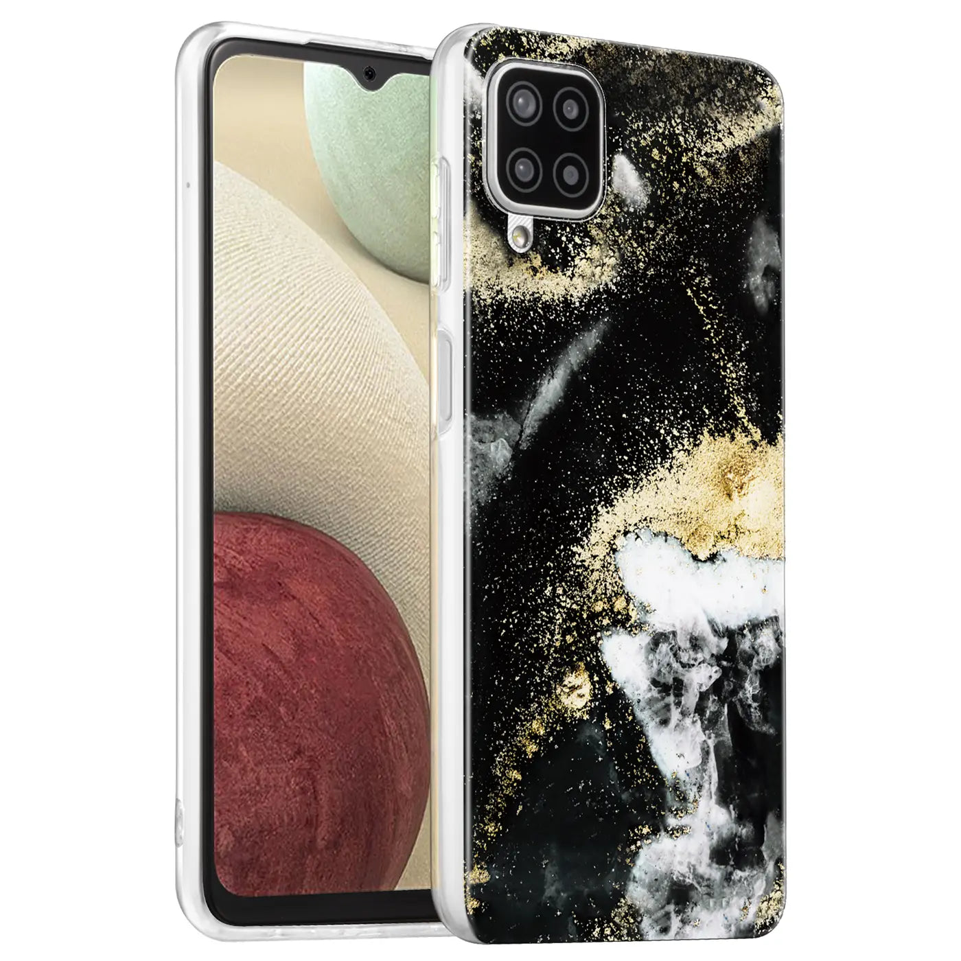 Samsung Galaxy A12/M12 Hülle, Marmor-Design, Schwarz/Gold, von vorne links
