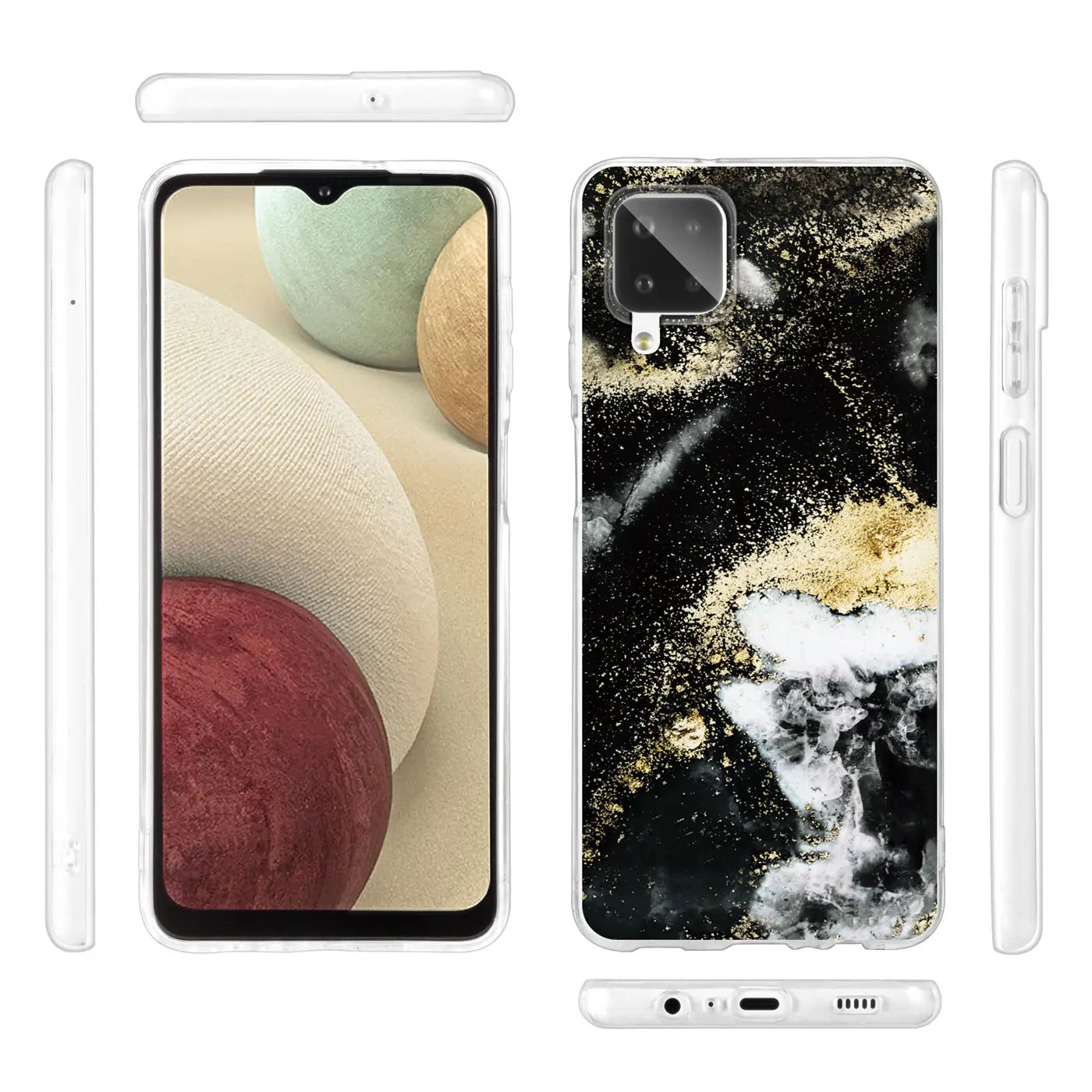 Samsung Galaxy A12/M12 Hülle, Marmor/Sand-Design, transparent, Rückseite, Vorderseite, Seitenansicht