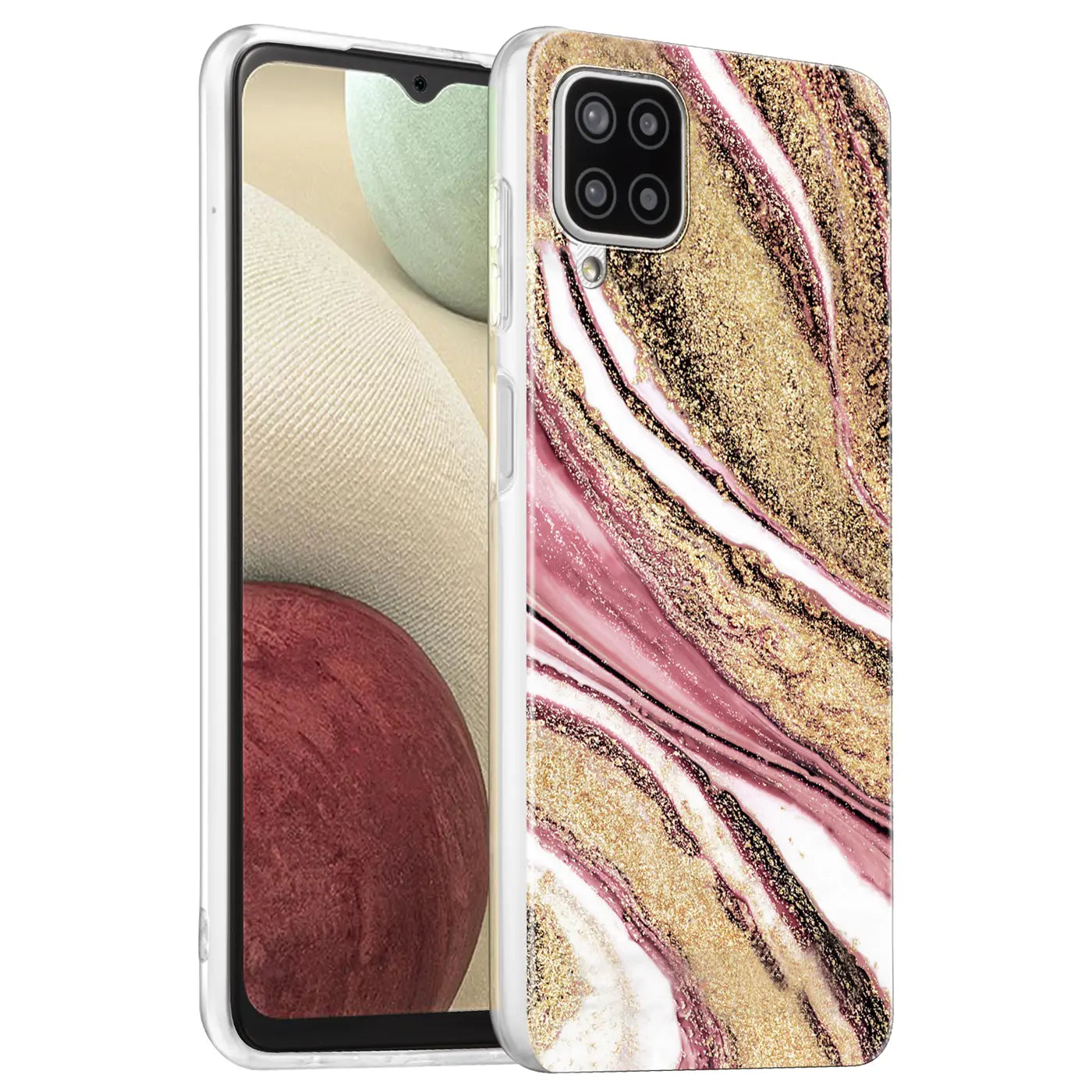 Samsung Galaxy A12/M12 Hülle mit Marmor- & Sand-Design, rosa/gold, von vorne links