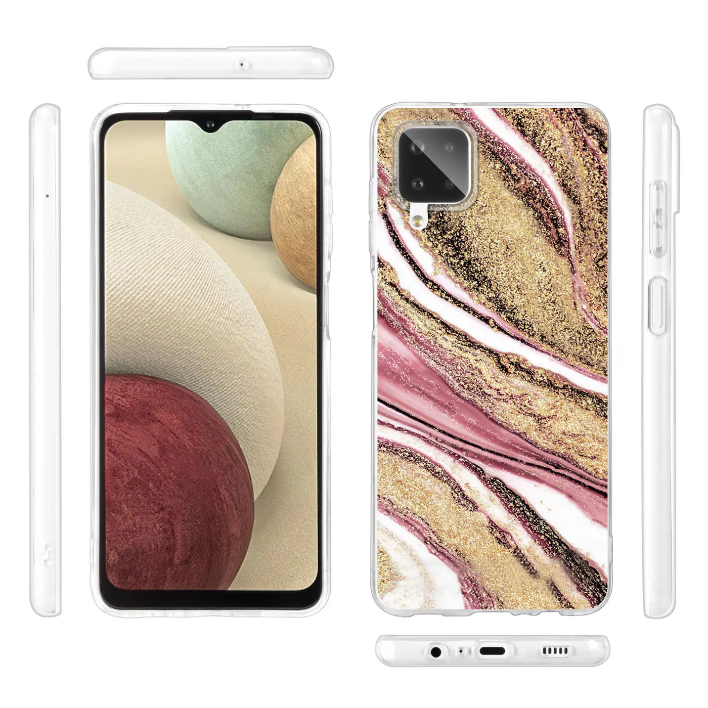 Samsung Galaxy A12/M12 Hülle, Marmor-Muster, Pink/Gold, Kunststoff, Rückansicht