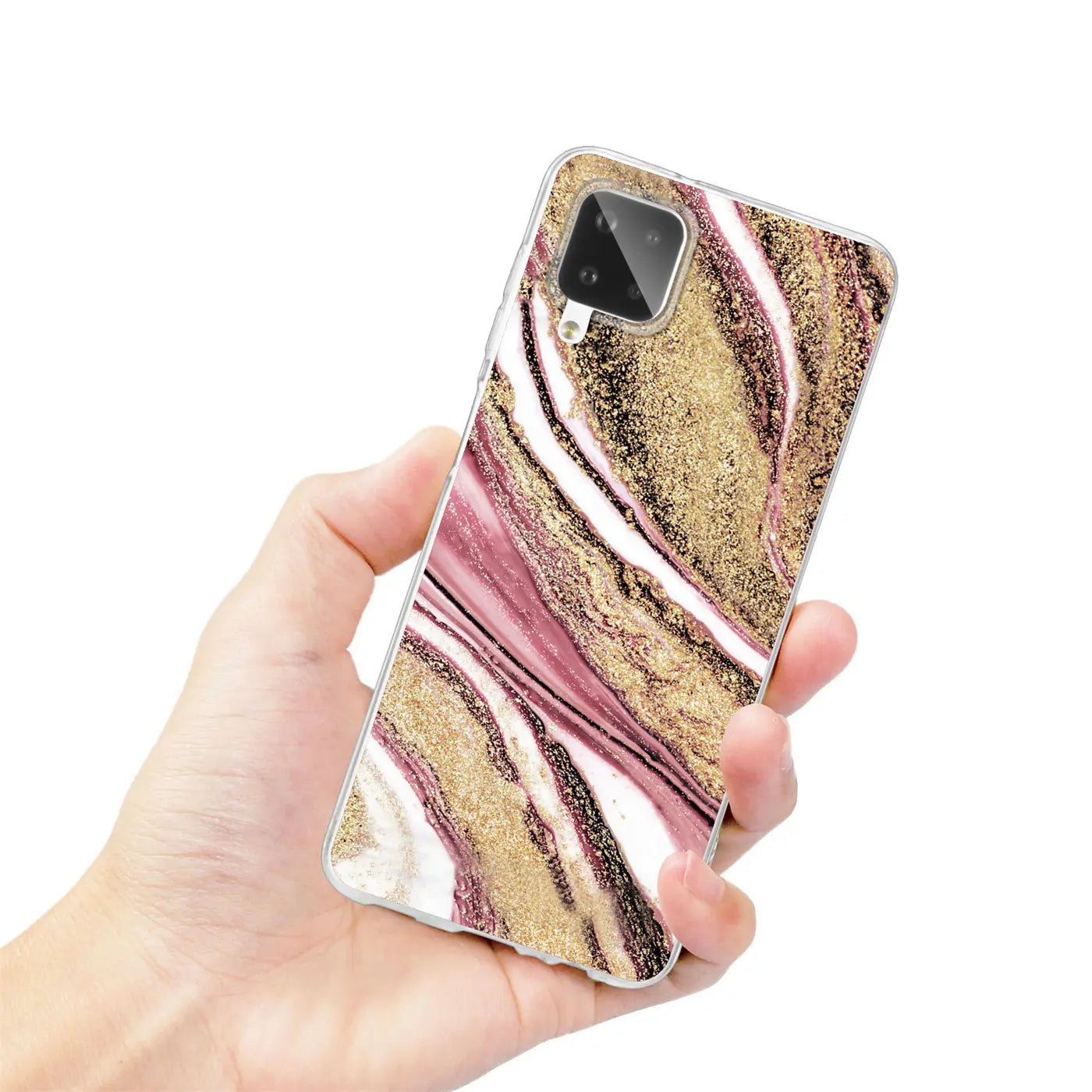 Samsung Galaxy A12/M12 Hülle, Marmor-Muster, pink/gold, von vorne gehalten