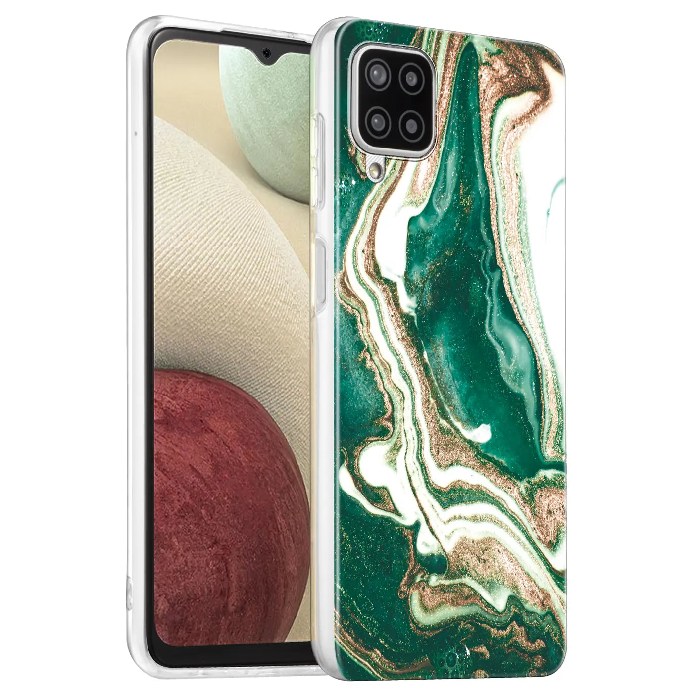 Samsung Galaxy A12/M12 Hülle mit Marmor & Sand Design, grün/weiß/gold, von vorne links