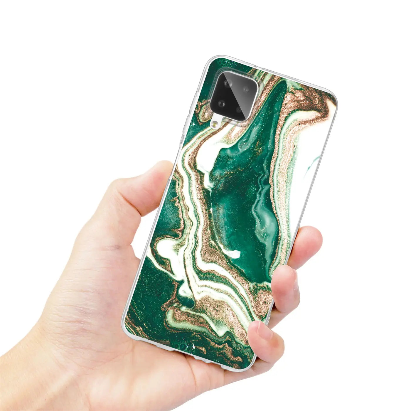 Grüne Marmor-Hülle auf Samsung Galaxy A12/M12, von vorne gehalten.