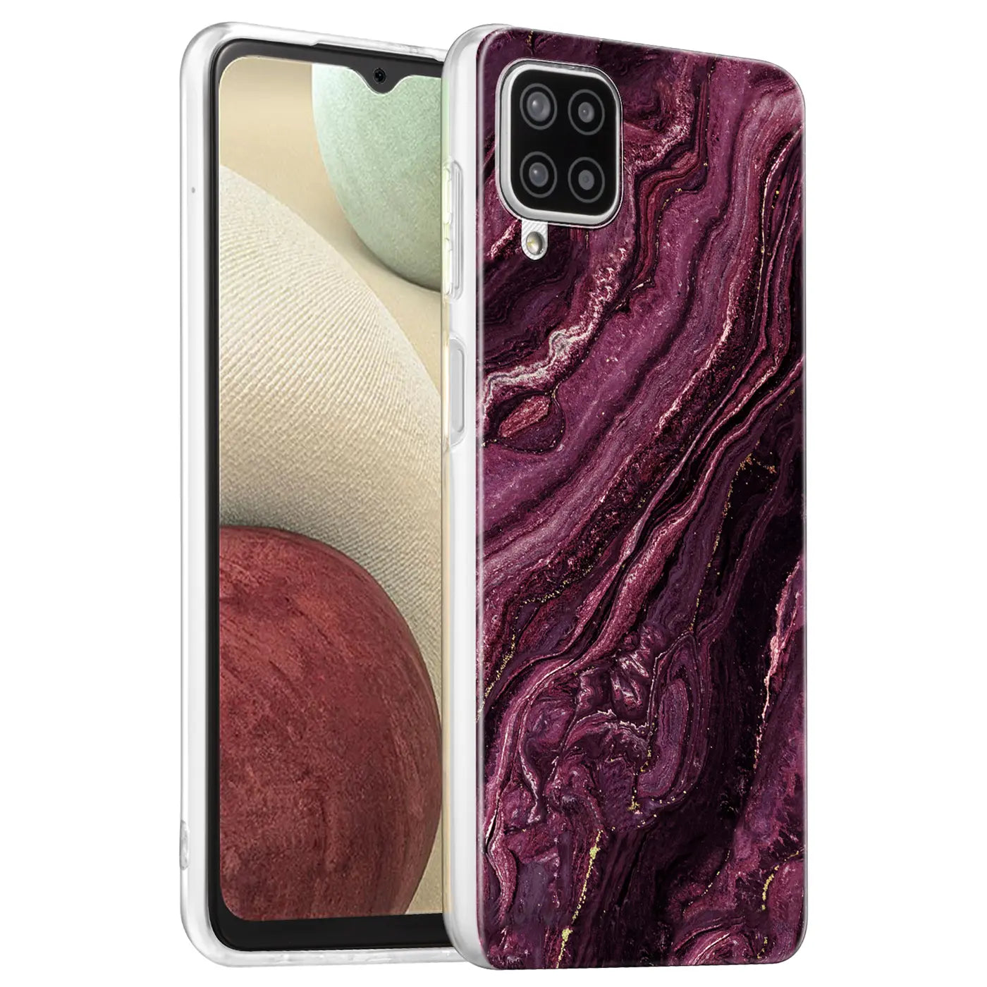 Samsung Galaxy A12/M12 Hülle, lila Marmor-Design, von vorne/leicht schräg