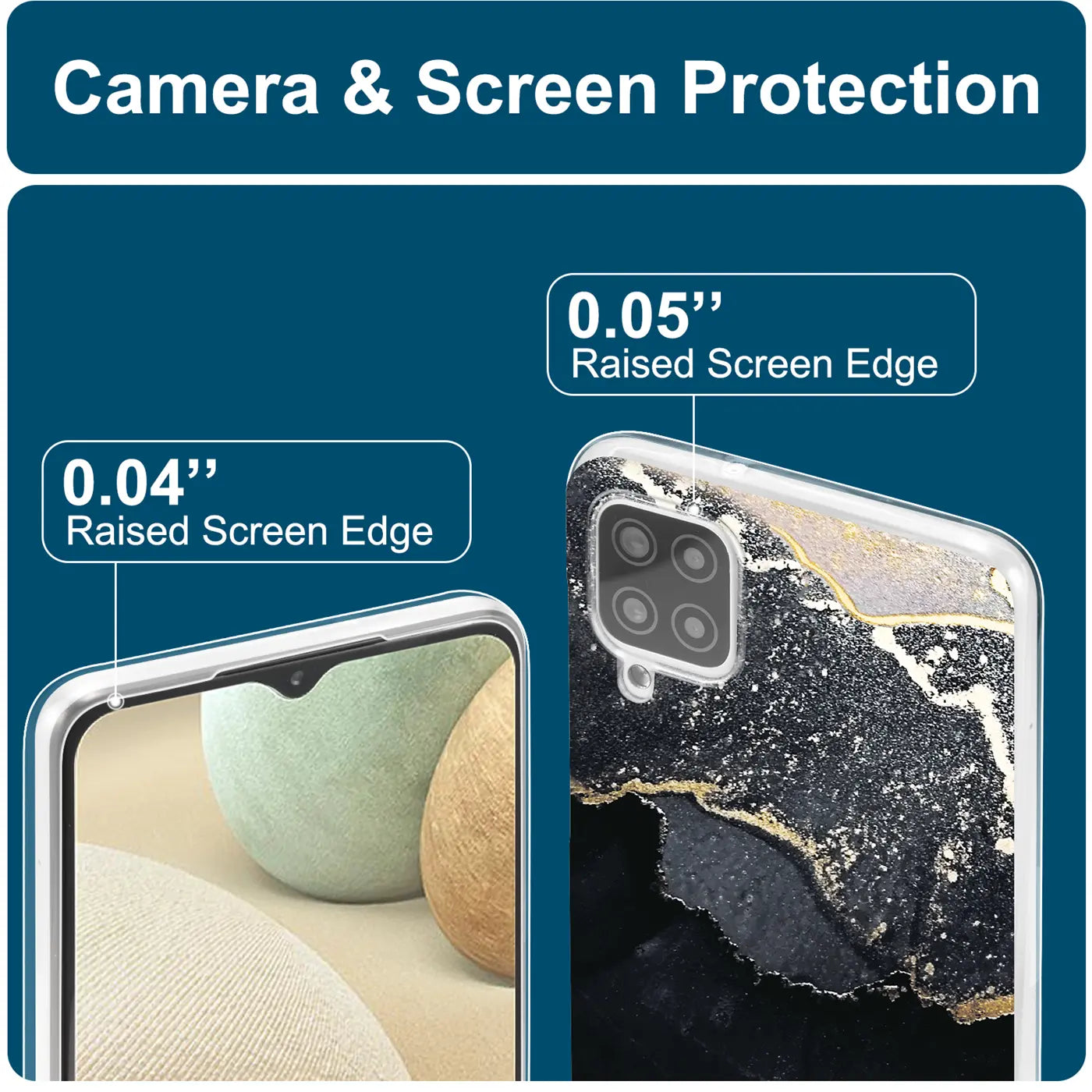 Samsung Galaxy A12/M12 Hülle: Schwarz/Gold Marmor, Rückansicht, Nahaufnahme.